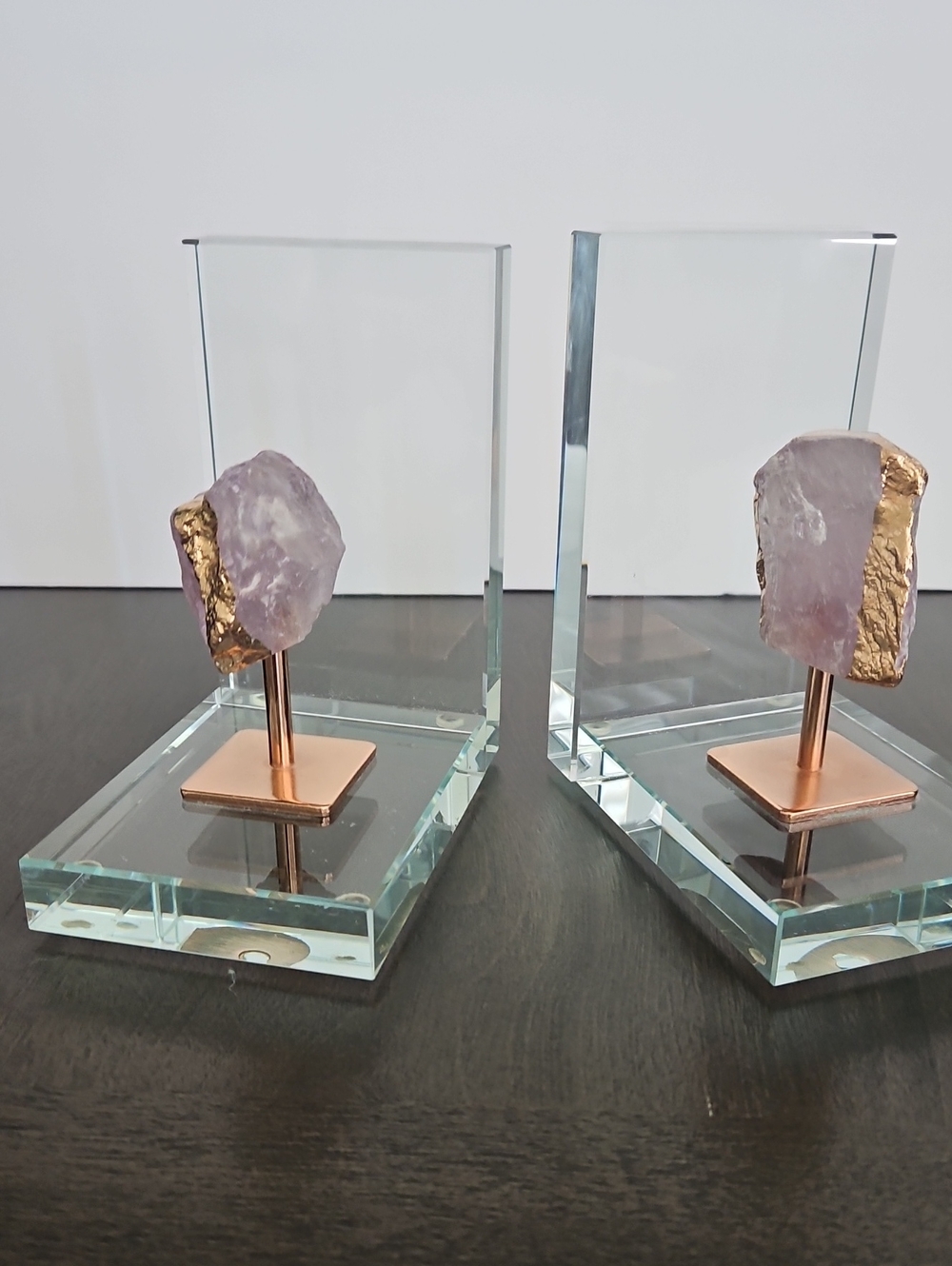 Amethyst and Gold Accent Bookends - Crystal Clear Glass Base